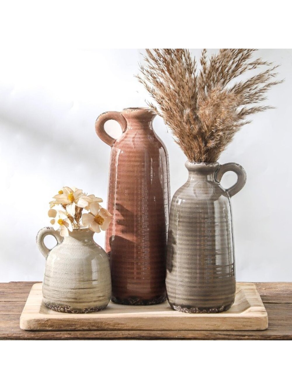 Set of 3 Rustic Ceramic Vases with Handle - Boho Home Decor for Living Room
